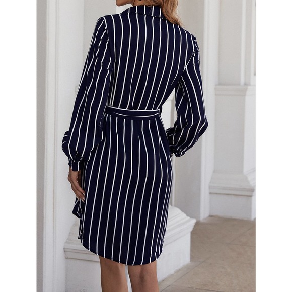 Vertical Striped minimalist long sleeve Belted Shirt Dress navy blue white - Picture 3 of 6